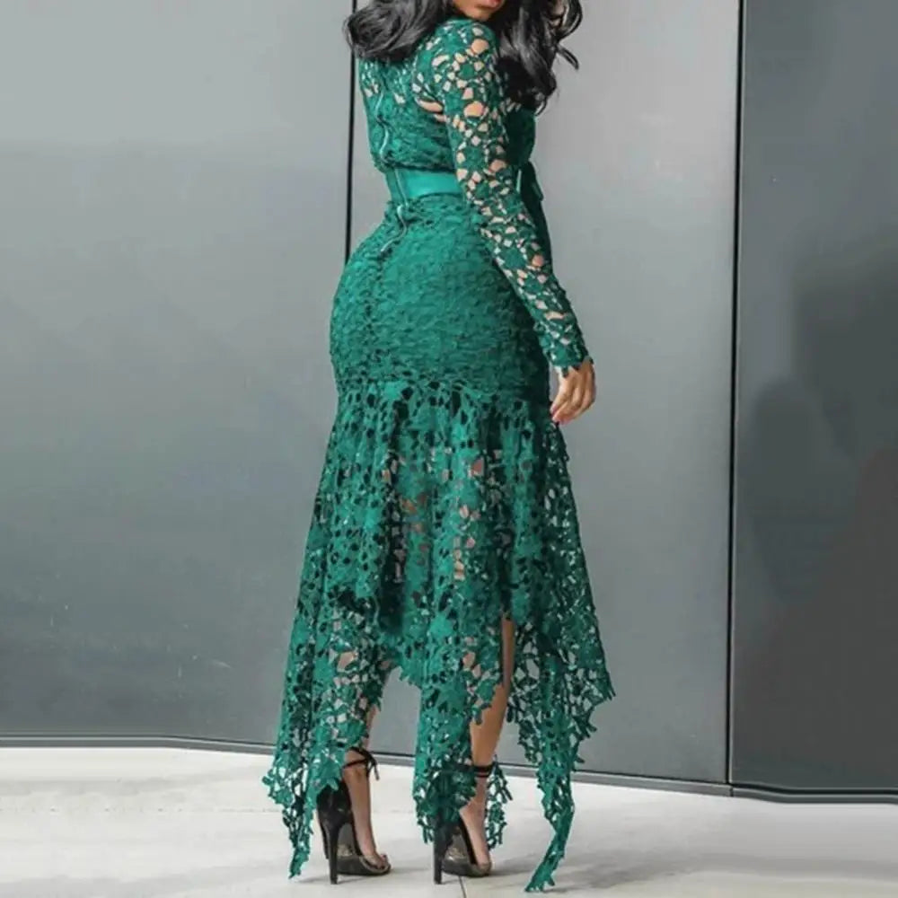 Lace Bow Belted Women Dress Elegant Long Sleeve Irregular Hem Women Bodycon Party Long Dress Vintage Wedding Evening Party Dress
