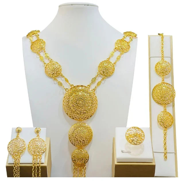 Fashion Dubai Flower Design Luxury 24k Gold Color Women's Jewelry Set African Fashion Bracelet Earrings Necklace Ring Four Piece
