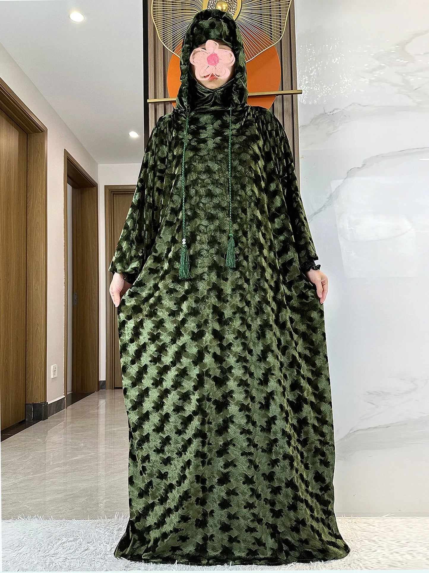 High Quality Velvet Fabric 2025 Ramadan Muslim Lady's Abaya Two-Hats Dubai Turkey Style Islamic Prayer Clothing Kaftan Dress
