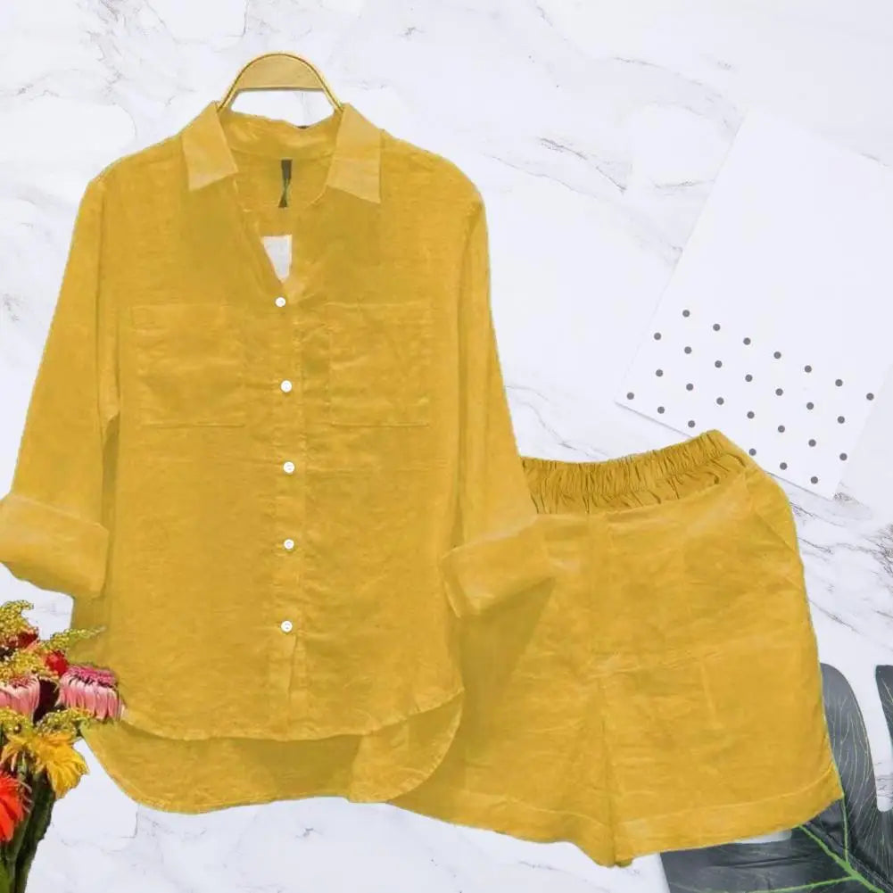2 Pcs/Set Women Shirt Shorts Set Loose Long Sleeves Solid Color Elastic Waist Irregular Hem Lapel Female Spring Autumn Outfit