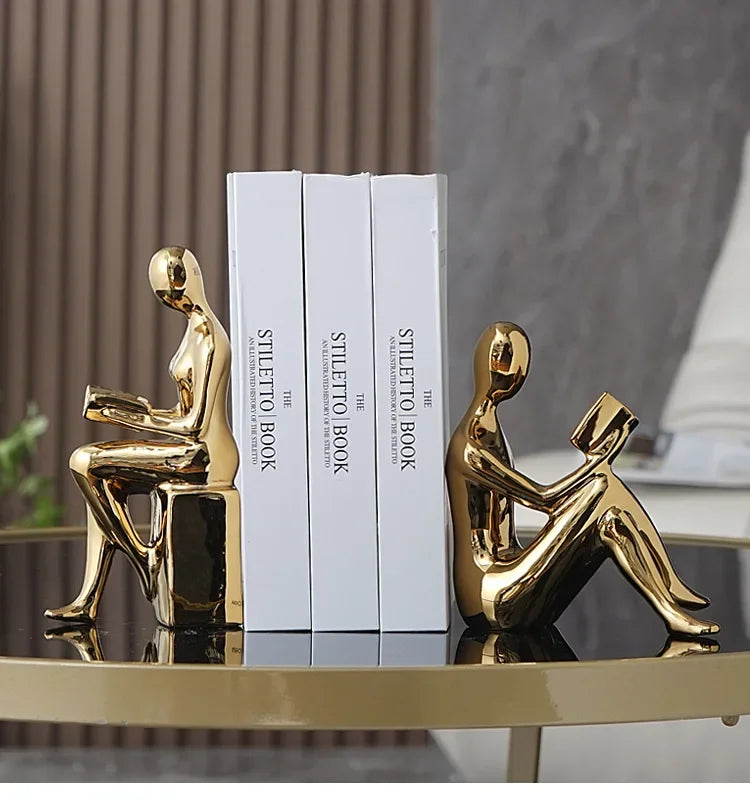 Modern Ceramic Reading Couple Bookends – Gold or Silver Abstract Sculptures (Set of 2)