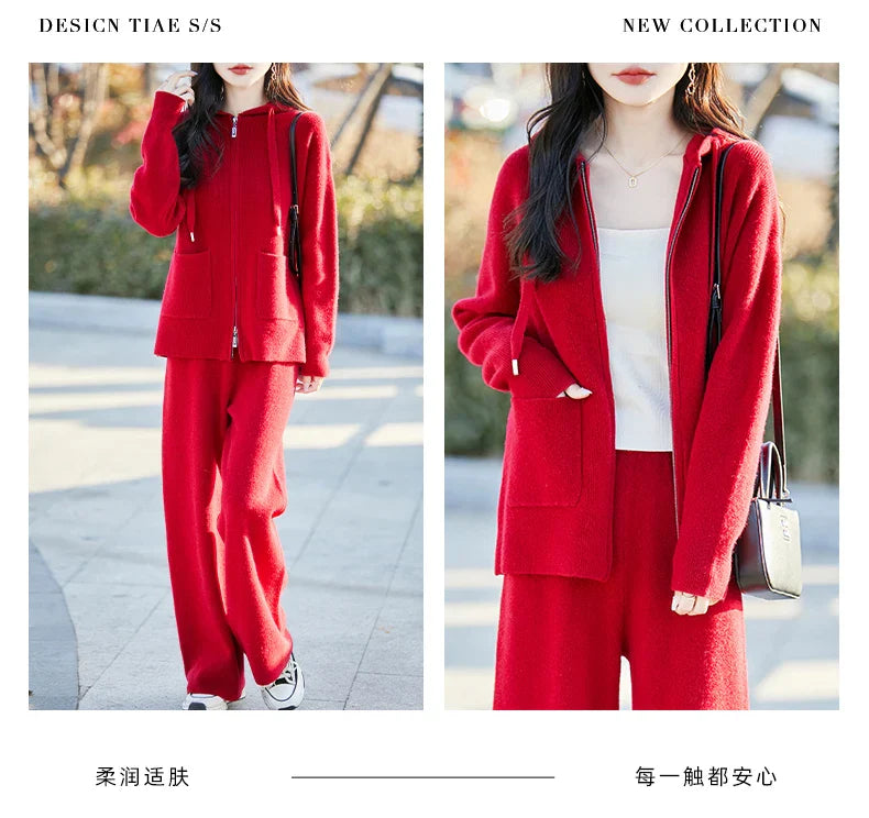 100% Merino wool fall/winter new women's sweater crewneck hooded Cardigan Fashion all-in-one warm pants suit