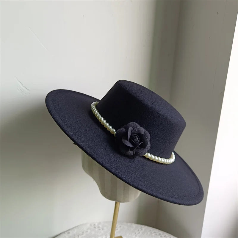 Women's Fashionable Fedora Hat 10CM Wide Brim Flat Top Felt Hats For Wedding And Jazz
