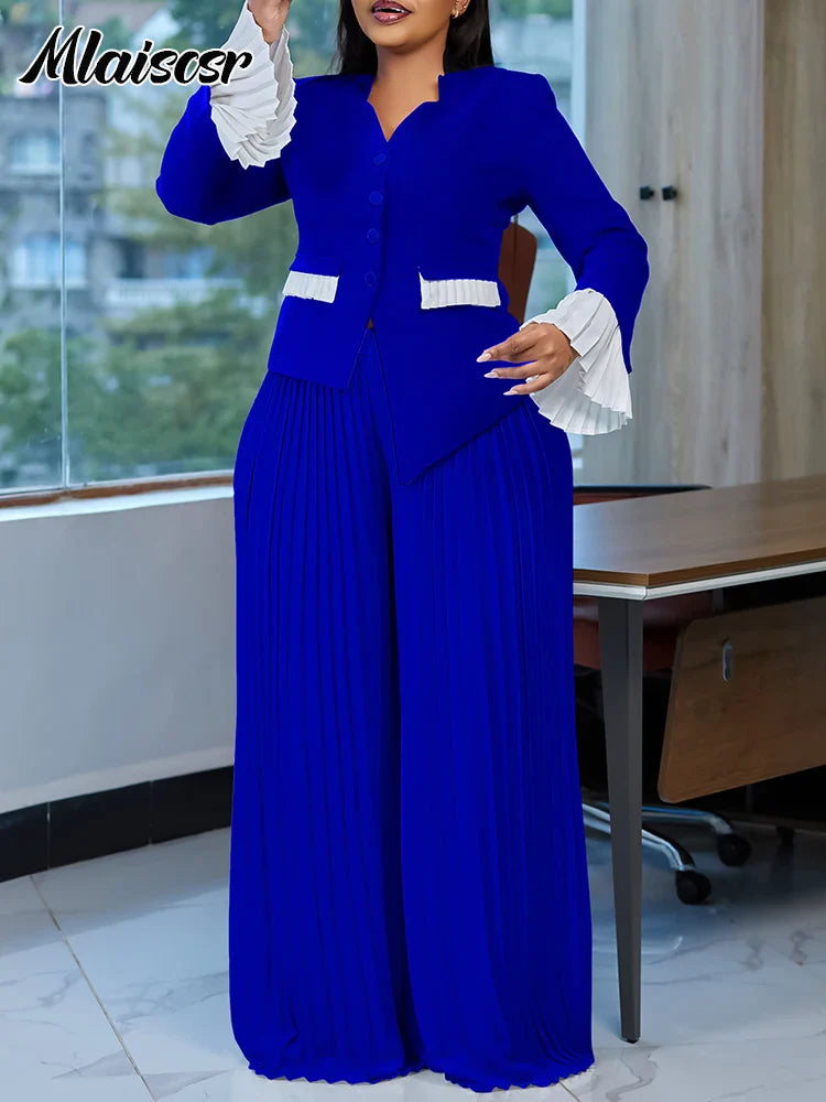 Mlaiscsr Elegant 2 Piece African Women Long Sleeve V-neck Top and Long Wide Legs Pant Matching Sets 2025 Spring OL Outfits