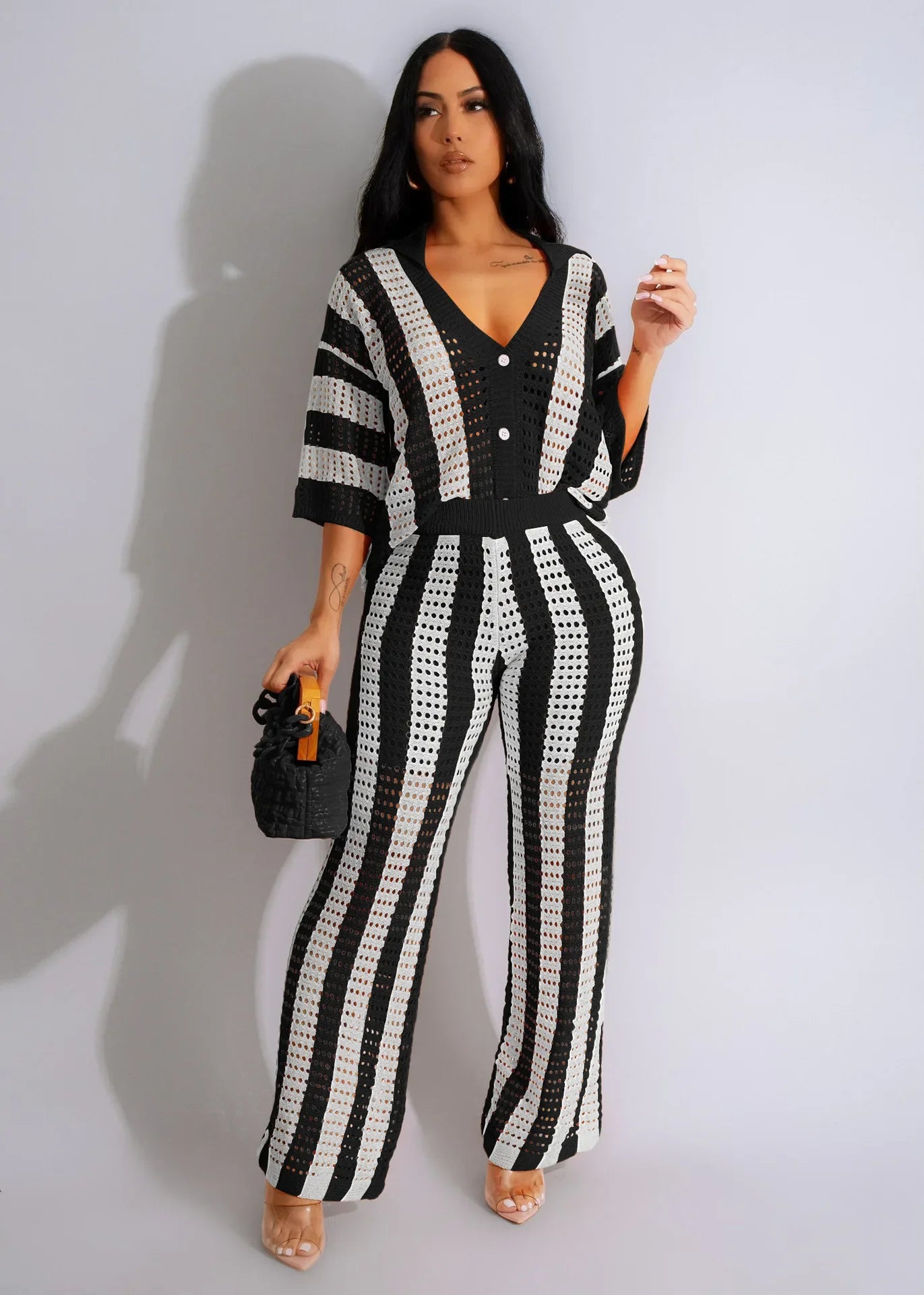 CM.YAYA Knit Ribbon Women's Set Short Sleeve Shirts and Wide Leg Pants 2024 Summer Beach Two 2 Piece Sets Outfits Tracksuit