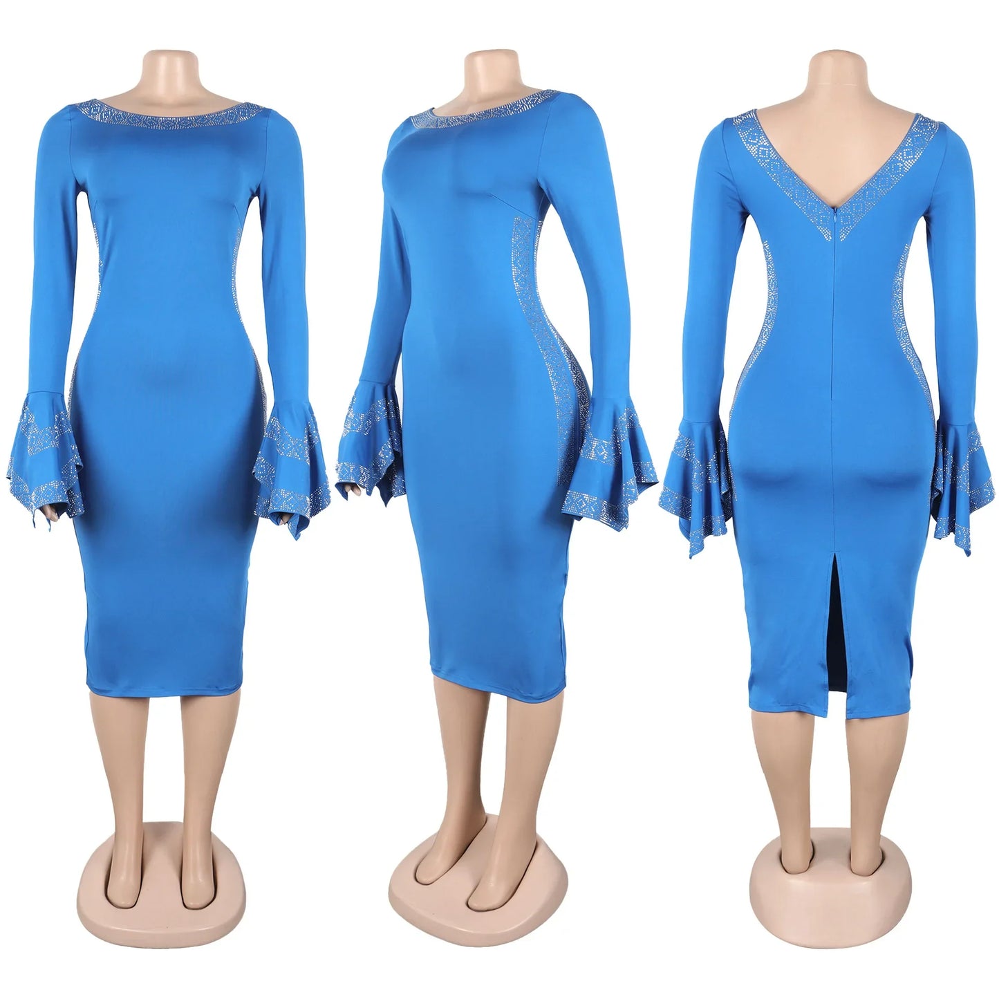 CM.YAYA Women O-neck Elegant Long Flare Sleeve Rhinestones Midi Dress 2025 OL Pencil Streetwear Africa Club Dresses Vestidos