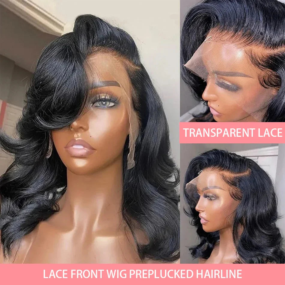 13x4 Short Body Wave Lace Frontal Bob Wig 200% Density Brazilian Remy 100% Human Hair Transparent Lace Wigs For Women 12 14 Inch