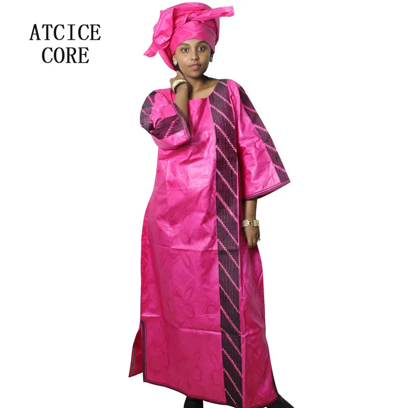African Bazin Riche Embroidery  For Women Long Dress With Scarf