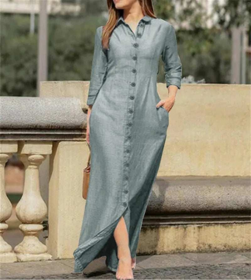 Elegant and Fashionable Neutral Style Long Sleeved Cardigan Solid Color Long Cotton and Linen Dress New Temperament Party Dress
