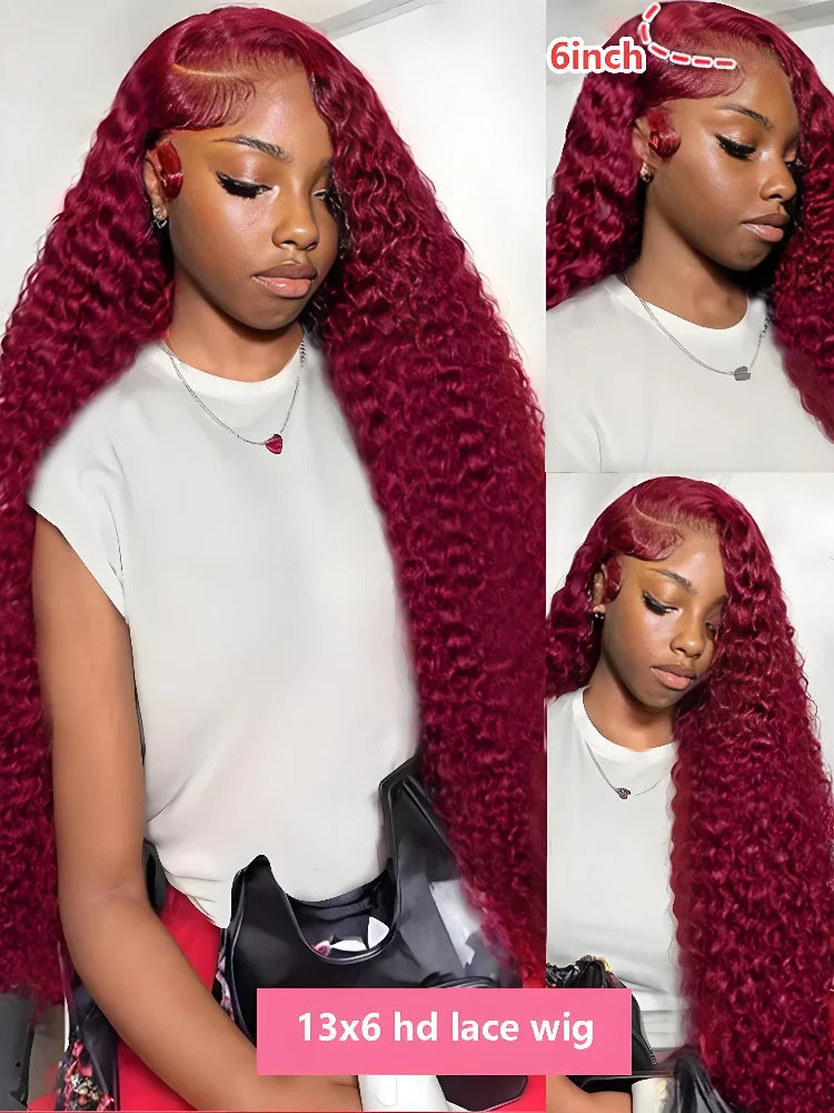 30 36 Inch 250% 13x4 HD Lace Frontal Wig Kinky Curly 99J Burgund Red Wine Brazilian Water Wave Hd Lace Human Hair Wigs Glueless