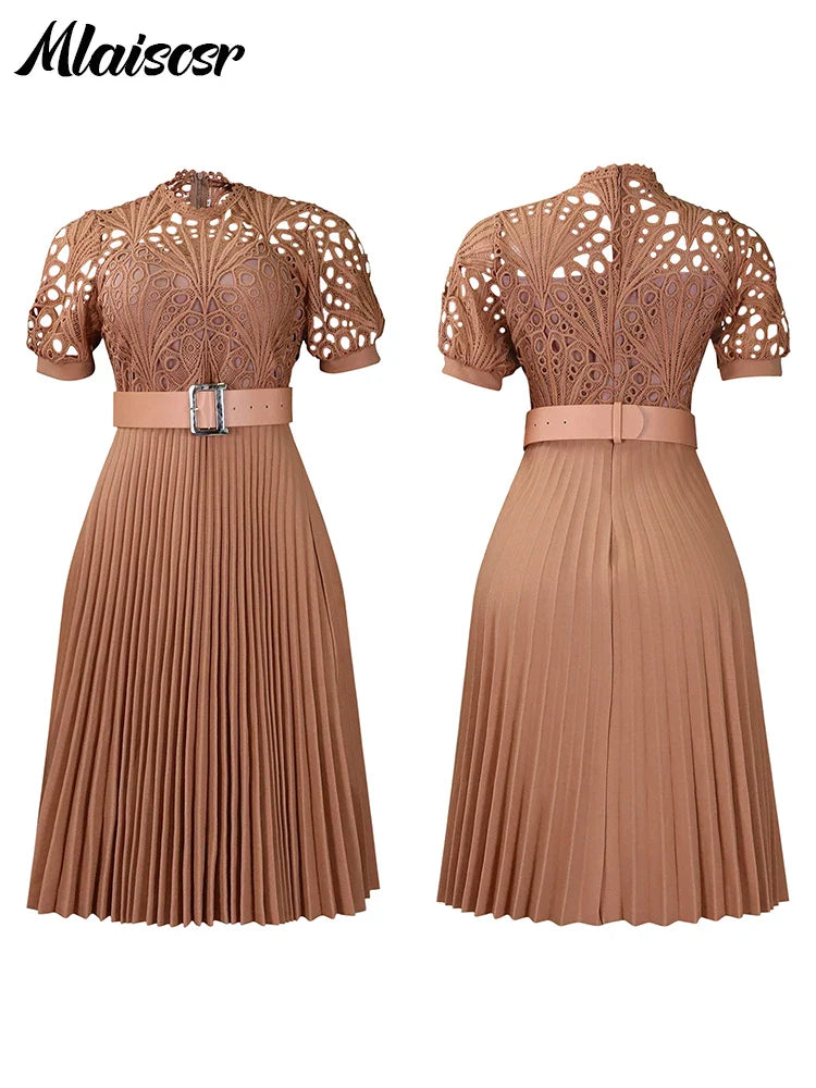 Mlaiscsr Elegant Luxury Wedding Guest Pleated Dresses with Belt Women O Neck Lace Patchwork Short Sleeve Birthday Party Robe New