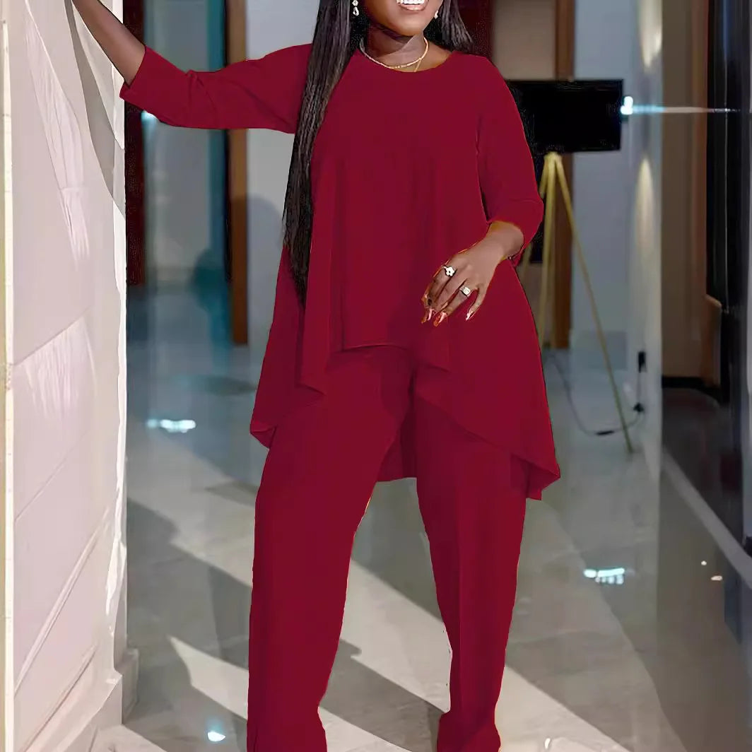 Women Two Piece Sets Pant Set Round Neck Matching Sets Casual Loose Irregularity Tops Long Pants Elegant Splice Y2k Streetwear