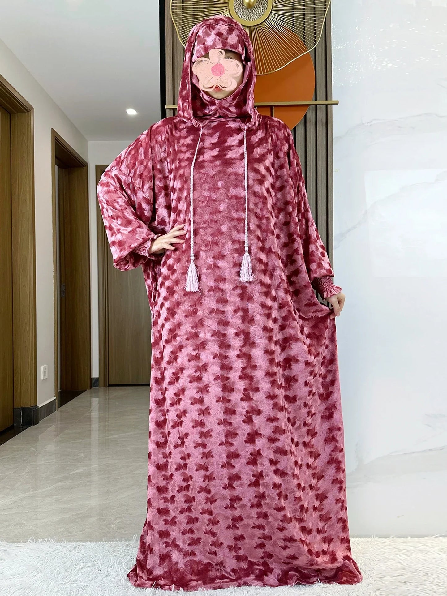 High Quality Velvet Fabric 2025 Ramadan Muslim Lady's Abaya Two-Hats Dubai Turkey Style Islamic Prayer Clothing Kaftan Dress