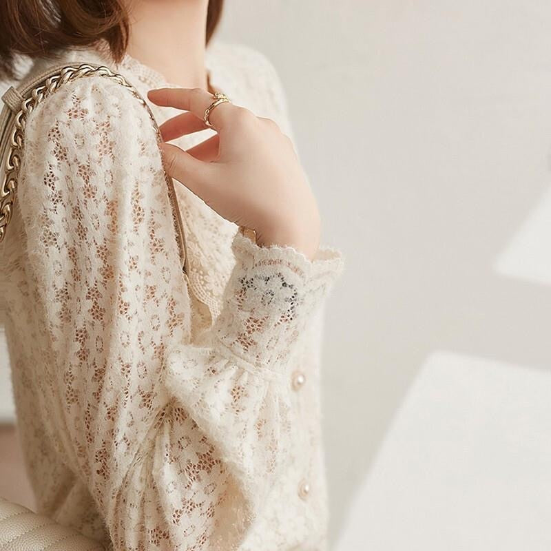 Women Lace Blouses Tops Lady Casual Long Lantern Sleeve Stand Collar Blusas Tops