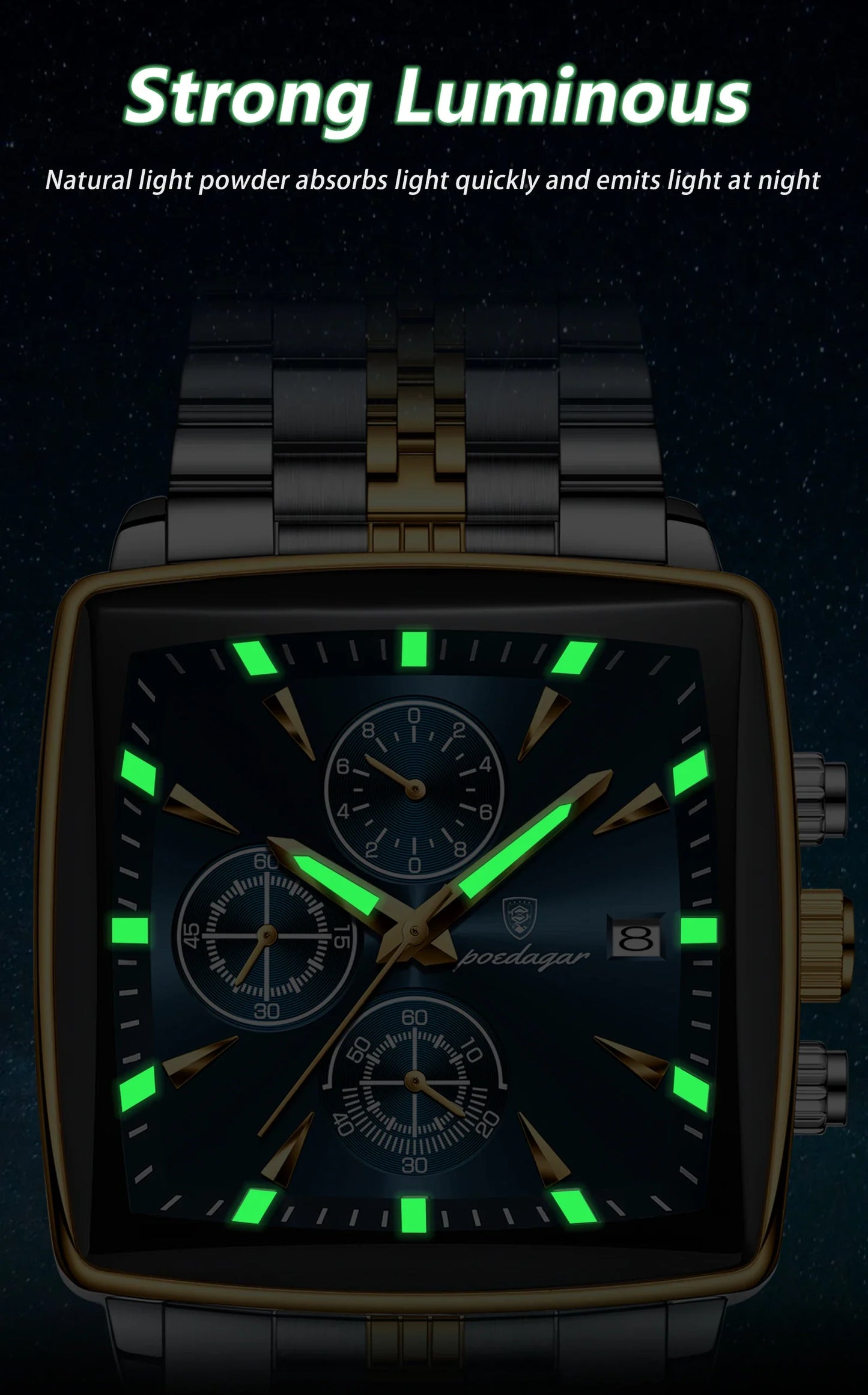 Fashion Men Watch Luminous Waterproof Chronograph Date Man Wristwatch Square Stainless Steel Quartz Men's Watches Reloj