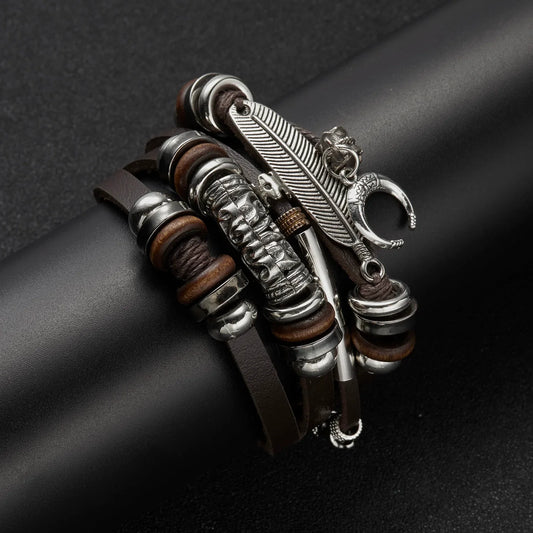 Vintage Brown Multilayer Braided Rope Bracelets Charm Wrap Wristbands