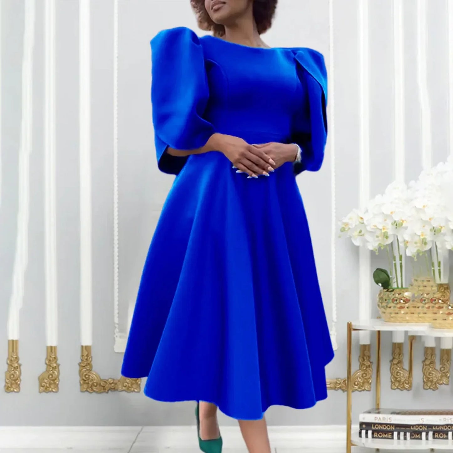 Elegant Dress Woman 2024 Wedding Party Round Neck Half Sleeve High Waisted Pleated Mid Calf Luxury Birthday Dinner Vestidos Robe