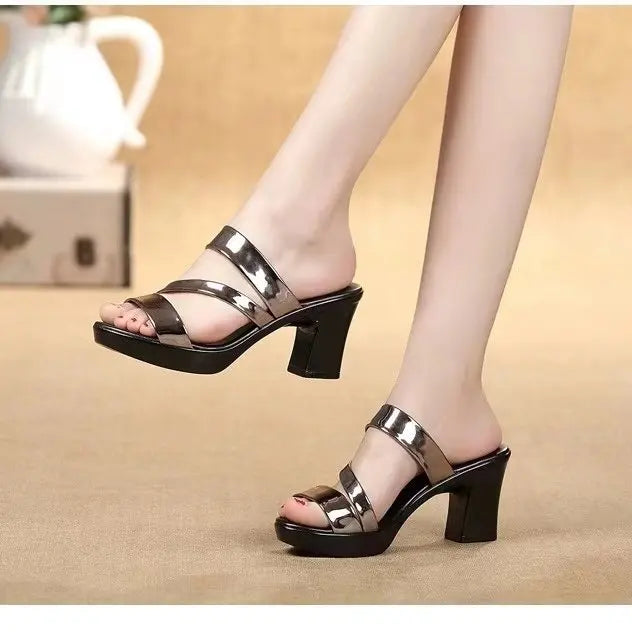 Summer High-heeled Women's Slippers 7cm Thick Heels Bright Skin Fish Mouth All-match Casual Shoes 2024 Luxury Woman Sandals