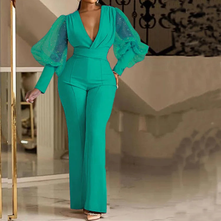 Ladies Elegant Office Jumpsuit Romper For Women 2023 High Waist Wedding Overalls Sequins Bodycon Long Sleeve Party Jumpsuit Club
