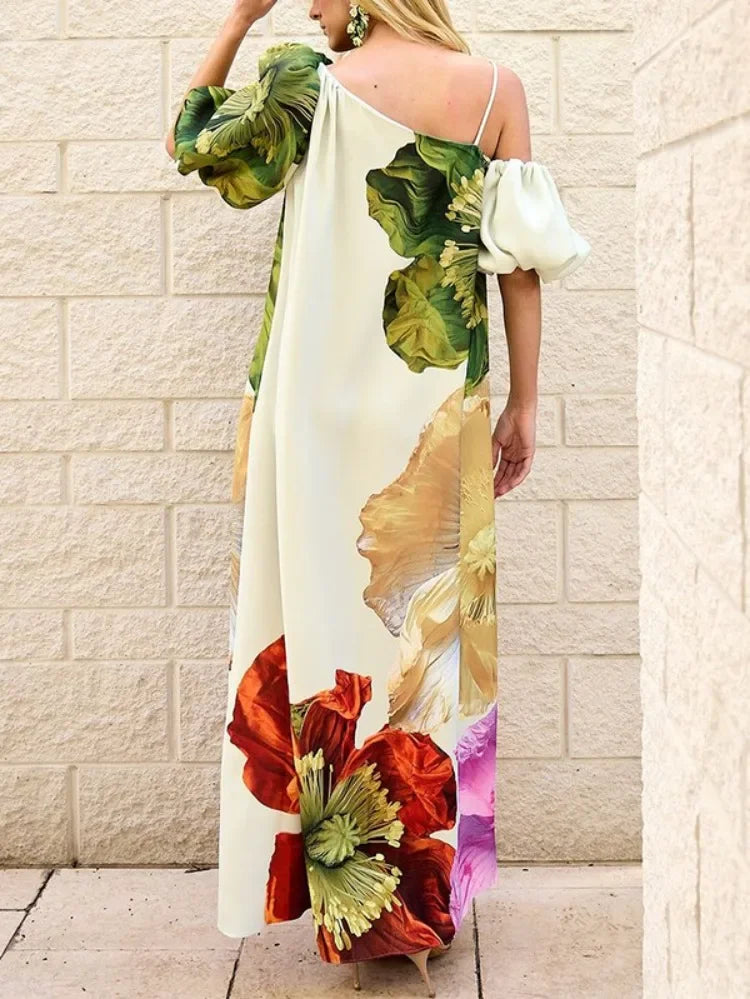 UOOZEE 2025 New Women Fashion Elegant Floral Printed Evening Maxi Dresses Loose One-Shoulder H-line Vacation Bohemia Dress