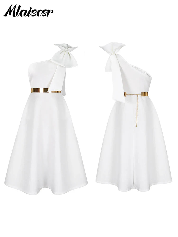 Mlaiscsr Woman One Shoulder Bow High Waisted Birthday Party Wedding Elegant A Line Pleated White Mid Dresses with Belt Outfits