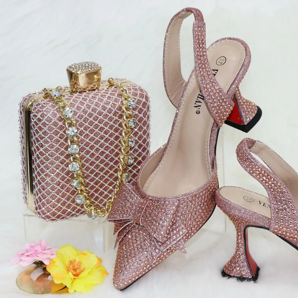 Women's Elegant Embellished Shoes and Bag Set Pointed Toe Pumps for Wedding Party