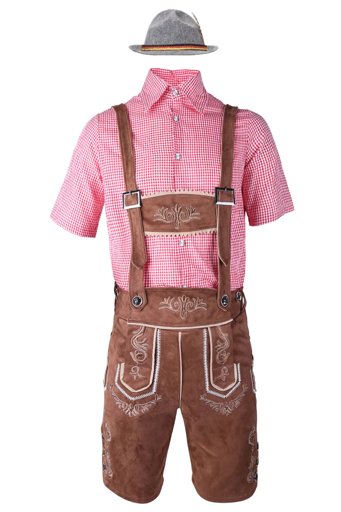 German Oktoberfest Lederhosen Short Sleeve Plaid Shirt Suspenders With Shirt Set & Hat