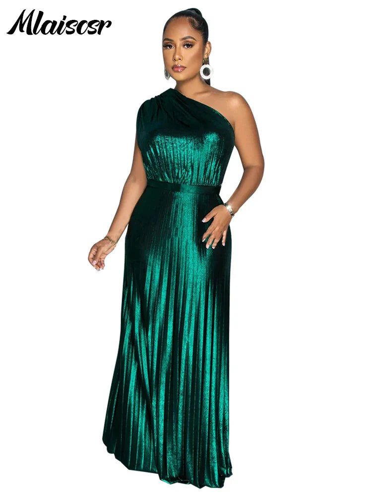 Women's Metallic Golden One Shoulder Sleeveless Pleated A-Line Long Dress Elegant Luxury Evening Gowns