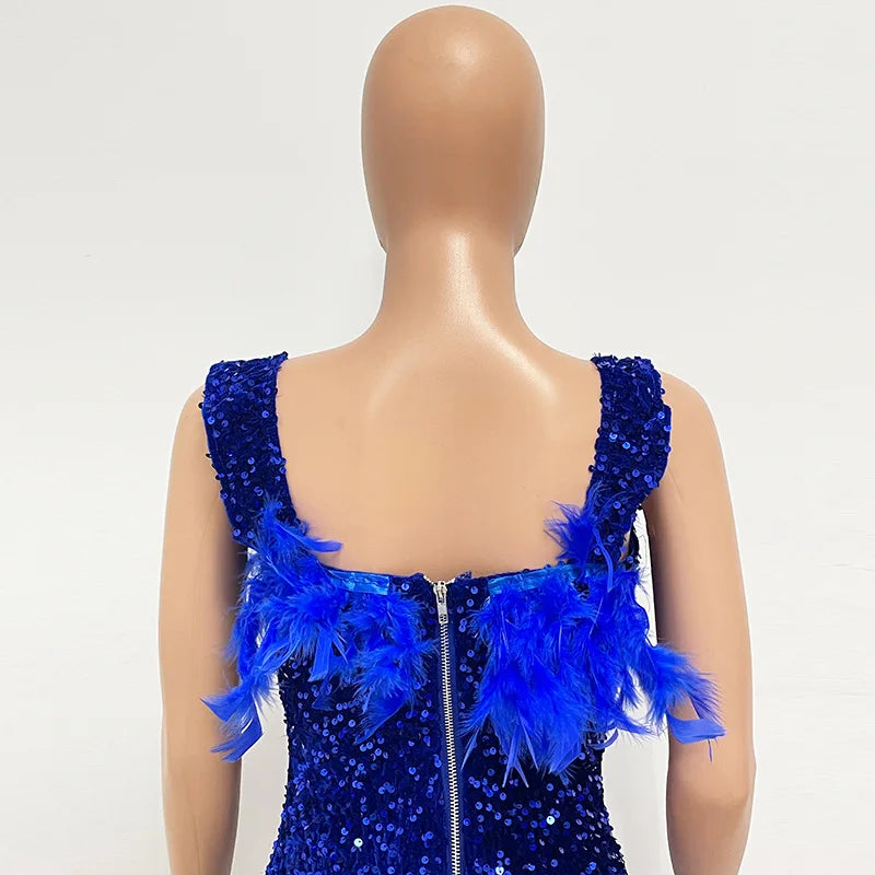 Spring And Summer Women's Clothing MINI Short Solid Color New Wind Sequins Halter Beach Dress One-word Shoulder Feathers Spice G