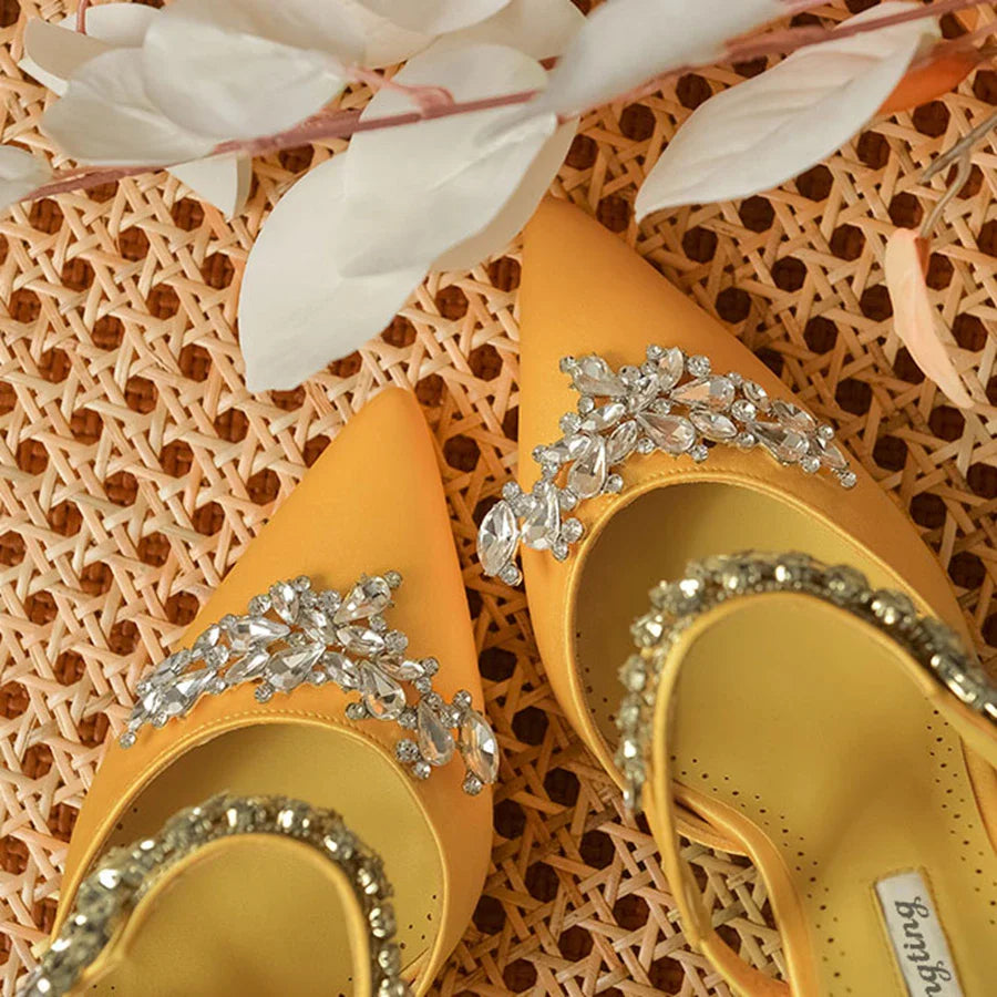 Women's High HeelsTemperament Baotou Silk Wheat Ear Rhinestones Muller Semi-Trailer Pump Pointed Stiletto Sandals
