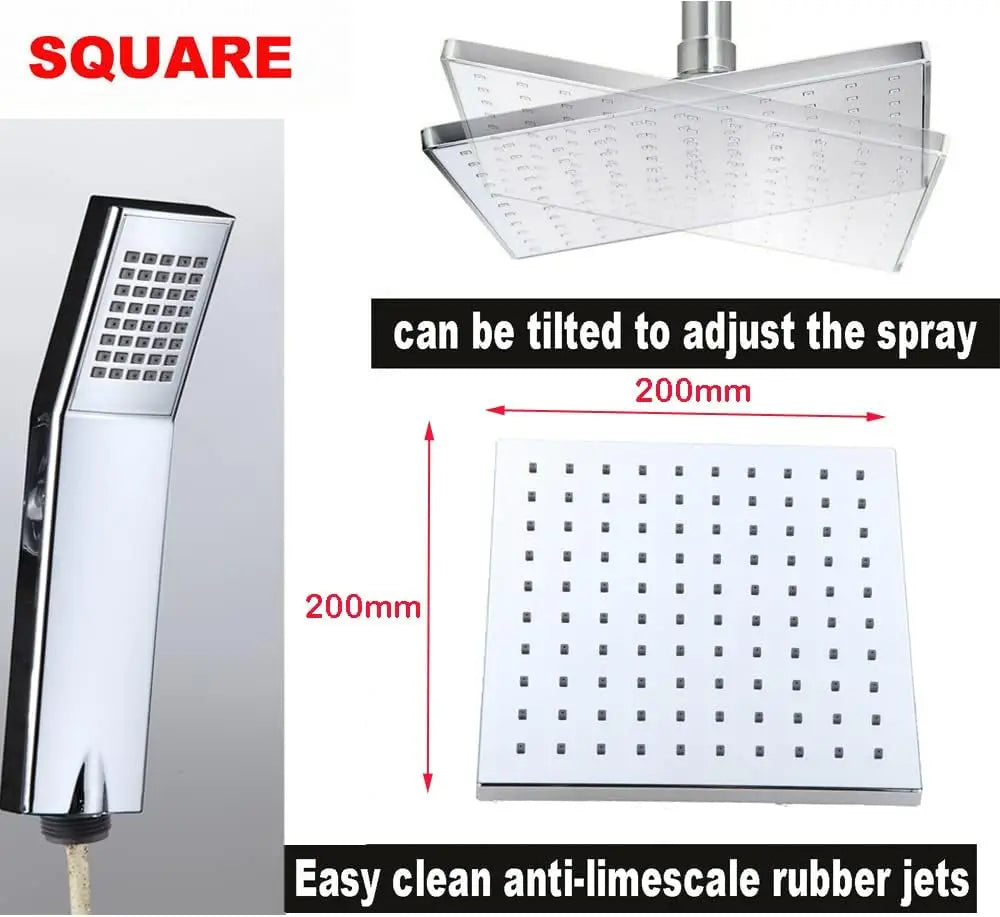 DayPlus Square Chrome Overhead Rain Shower Kit Dual Rigid Riser Rainfall Head and Hand Held Shower Twin Bath Set for Bathroom