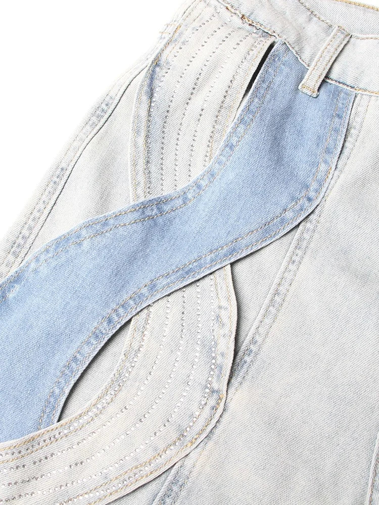Women's Crisscross Streetwear Denim Trousers With High Waist Patchwork