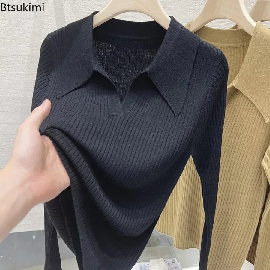New 2025 Women's Turn-down Collar Long Sleeve Knitted Shirts Tops Solid Thin Sweater Female Elegant Knitwear Jumper Pullovers