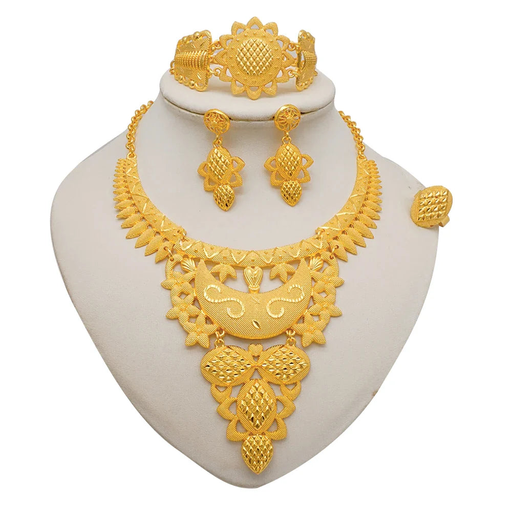Indian Dubai Gold Color Jewelry Sets For Women Earring & Necklace Nigeria Moroccan Bridal Wedding Party Gifts