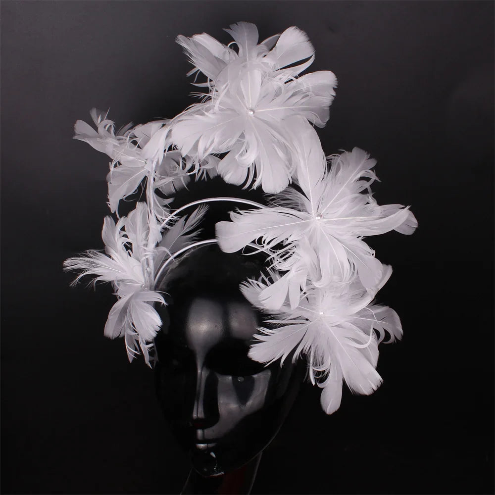 Elegant Women Wedding Hair Fascinator Accessories Headband Bridal Party Show Headwear Fancy Blue Feather Flower Hair Accessories