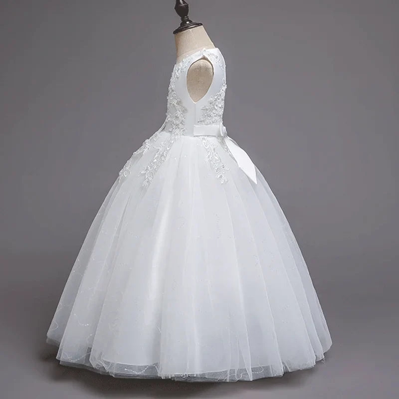 Girls White Lace Pearl Flower Princess Dress For Sequins Sleeveless First Communion Bridesmaid Wedding Formal Evening Long Gown