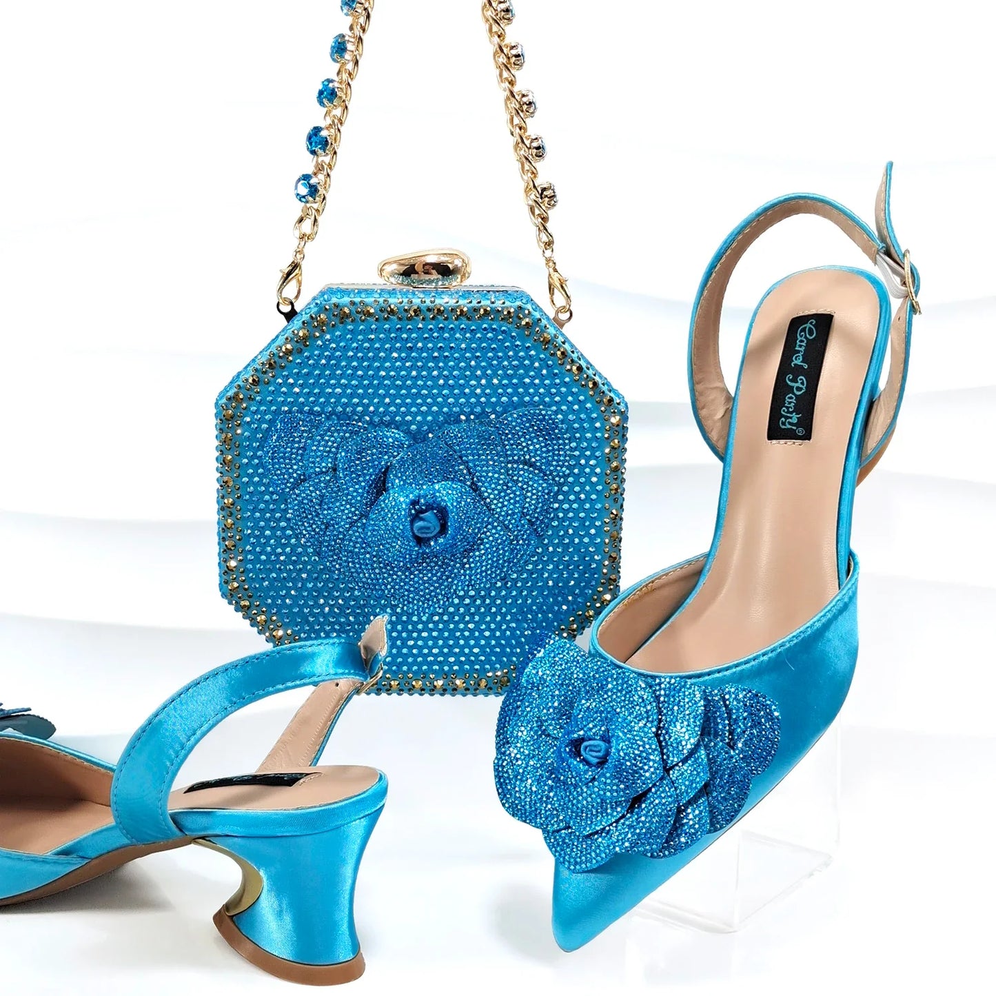 QSGFC Evening Shoes And Bags Set With Full Diamond Handmade Petal Clutches Pointed Toe Mid-Heel Women Shoes