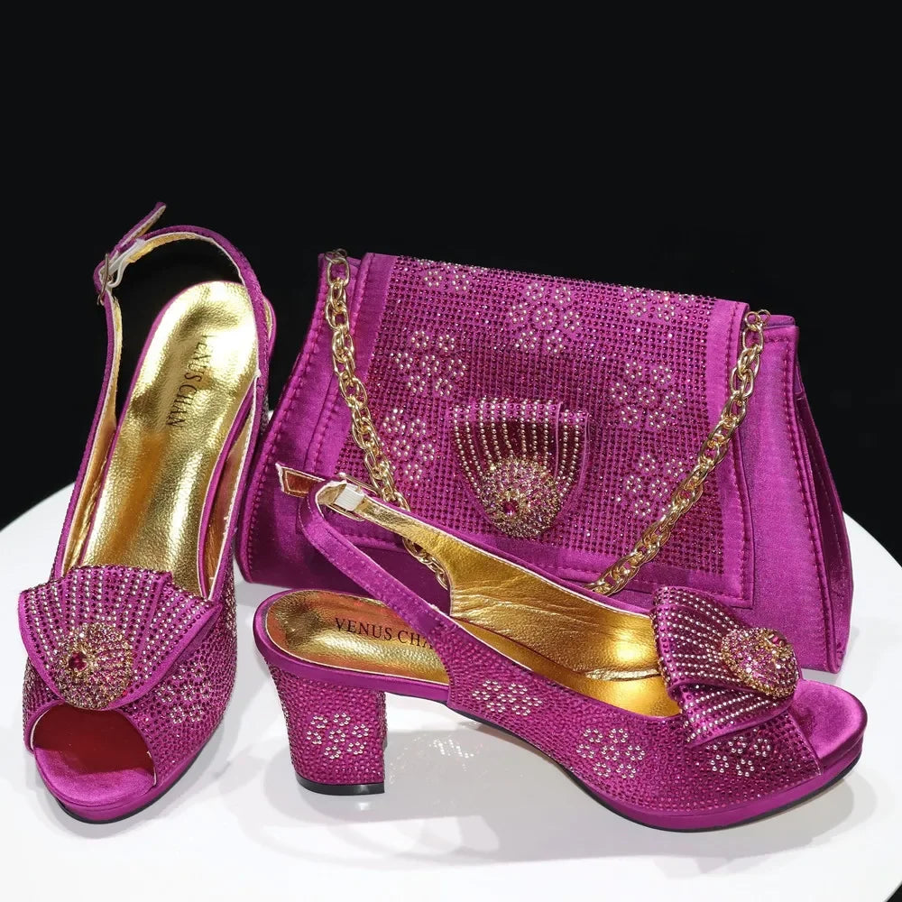 Venus Chan 2024 Italian Design Girly Style Golden Color Wedding Shoes And Bag Full Diamond Decoration Metal Closure Bags