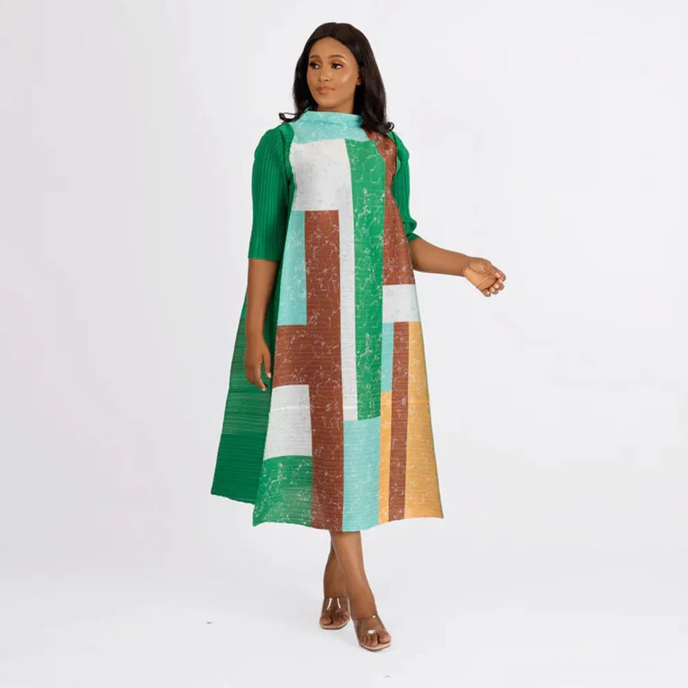 2023 Fashion African 3/4 Sleeve Polyester Plus Size O-Neck Pleated Long Dress Dashiki African Clothes African Dresses for Women