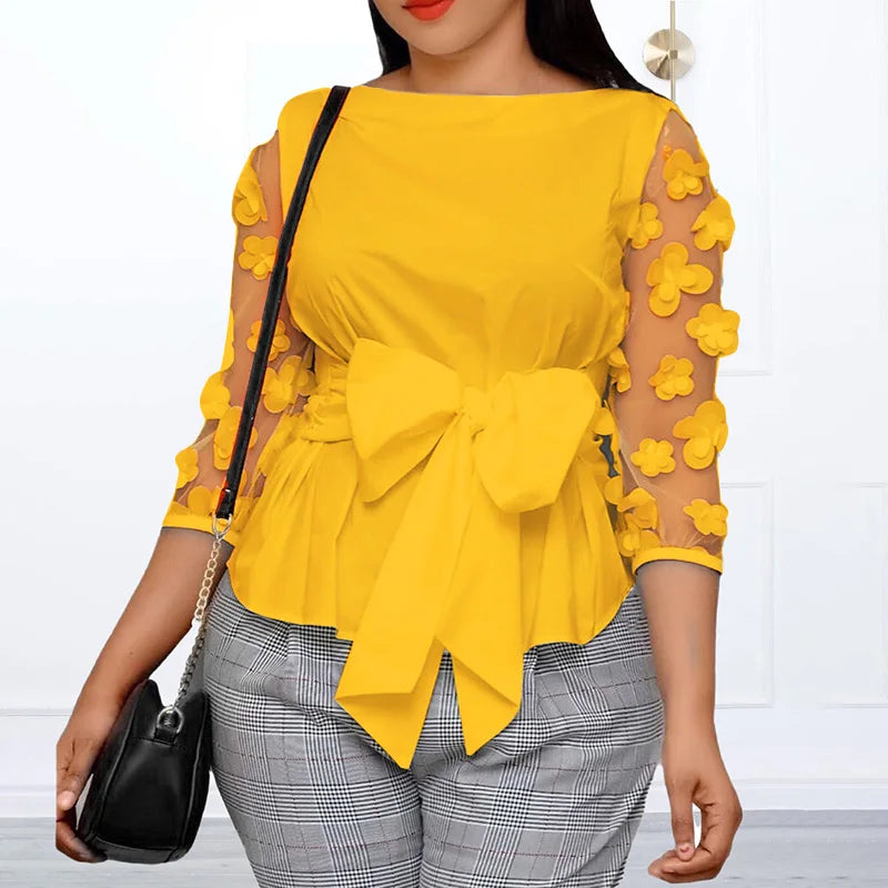 Plus Size 5XL VONDA Women Mesh Blouses 2024 Summer Bohemian Patchwork Tops Belted Blusas Casual Flowers Loose Shirt Oversize