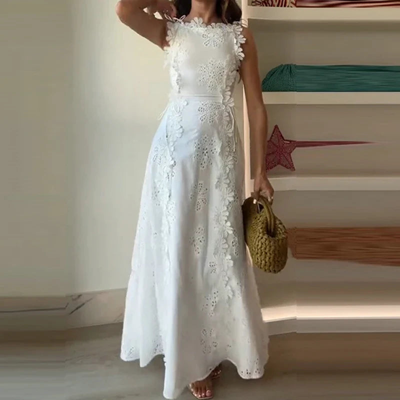 Summer Lace Jacquard Women's Banquet Dress Elegant O Neck Sleeveless Lace Up Beach Dress Fashion Hollow Out Slim Fit Long Dress
