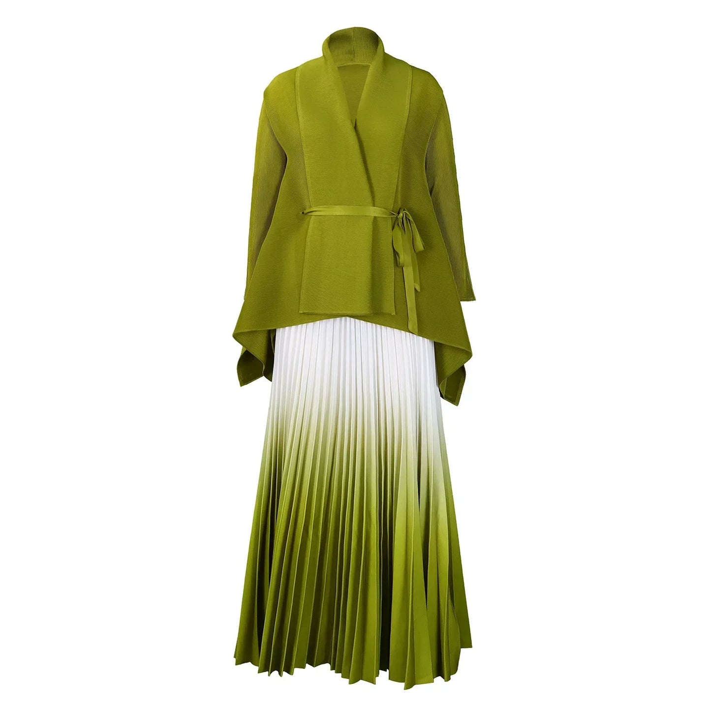 CM.YAYA Gradient Women's Set Full Sleeve Belt Blouse Shirt and Pleated Long Skirts Suit Street Two 2 Piece Set Outfit Tracksuit