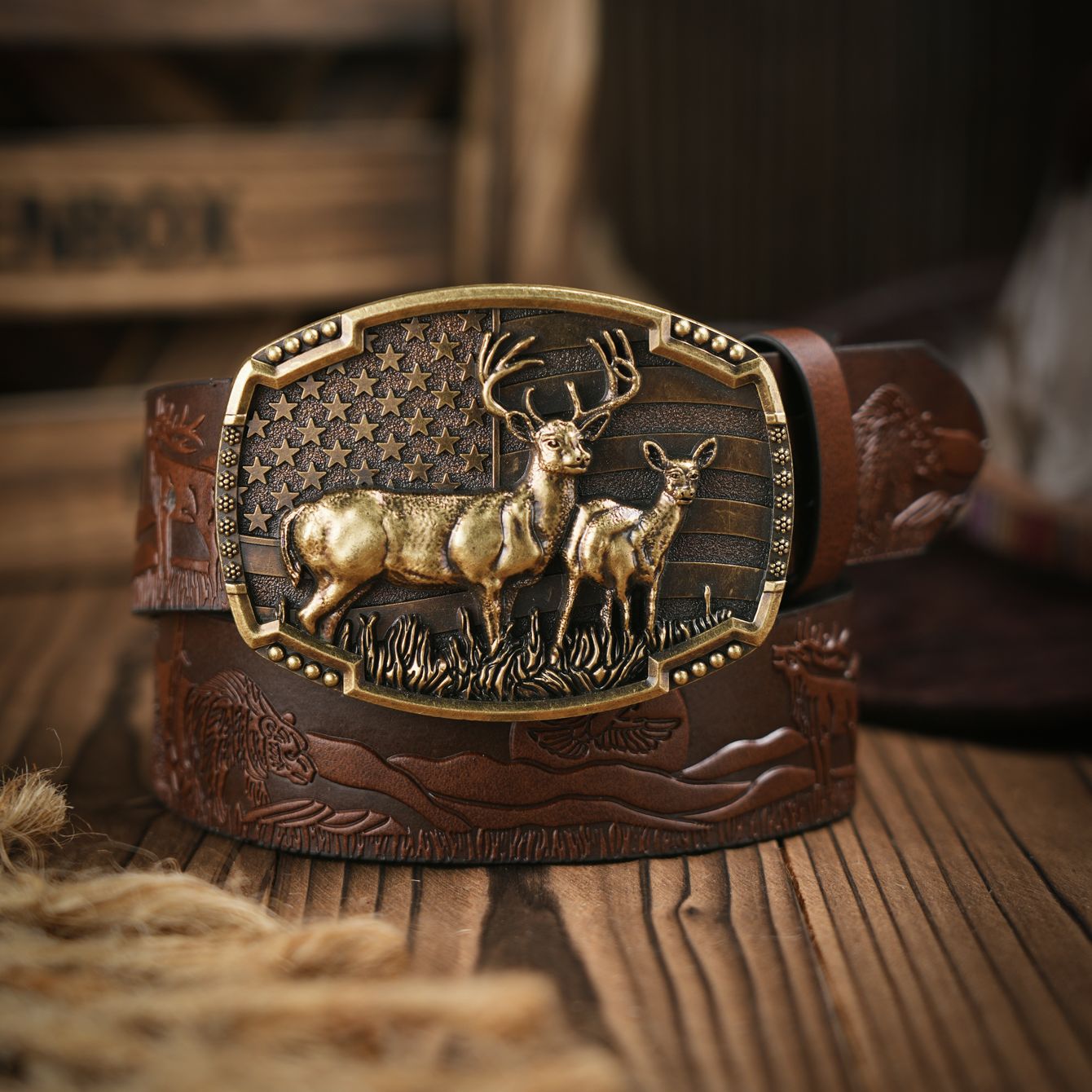 Wild Stag Belt Buckle Bronze Deer Western Cowboy PU Leather Belt