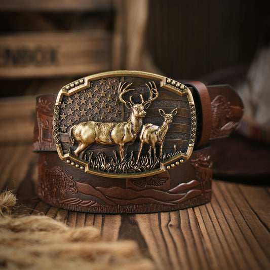 Wild Stag Belt Buckle Bronze Deer Western Cowboy PU Leather Belt