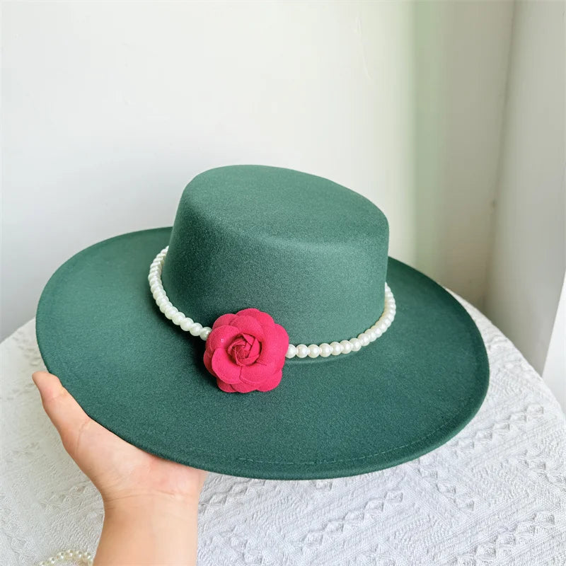 Women's Fashionable Fedora Hat 10CM Wide Brim Flat Top Felt Hats For Wedding And Jazz