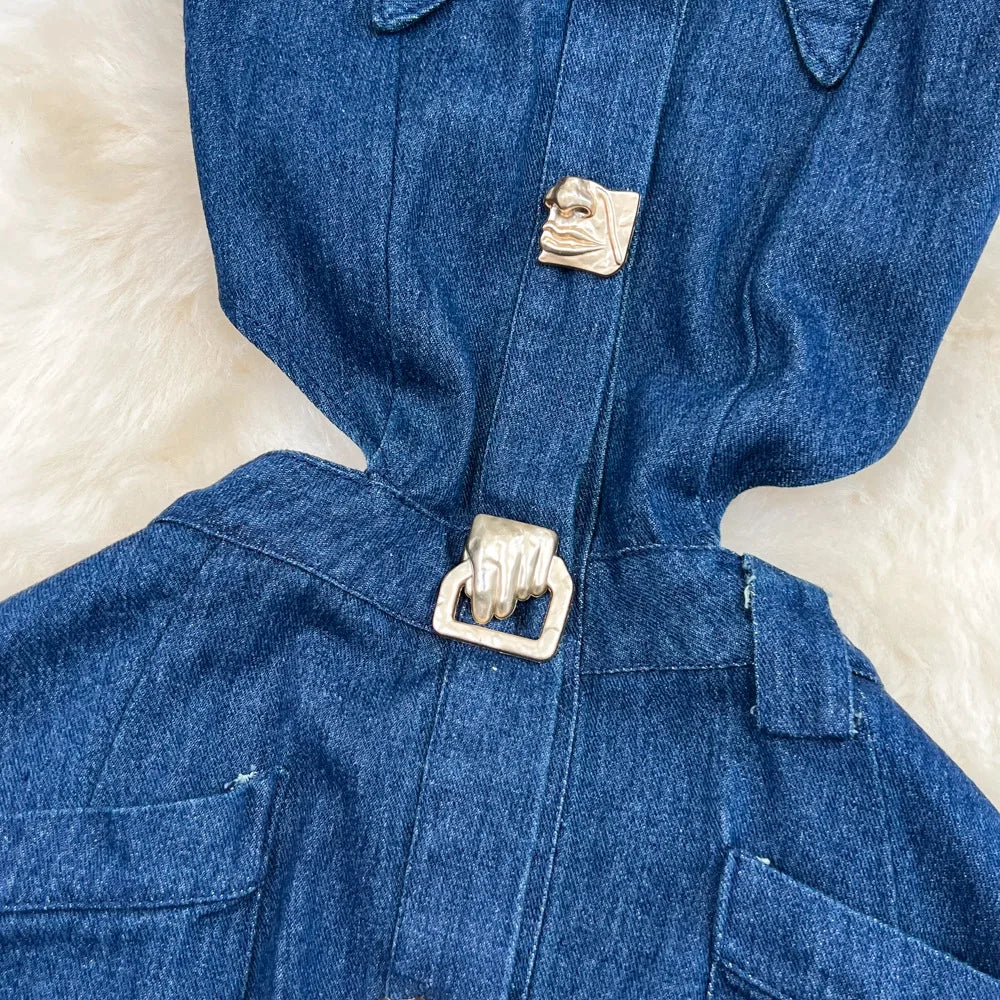 Denim Dress Women Long Dresses Turn Down Collar Sleeveless Party Club Hollow Out Jeans High Waist Slim Single Breasted Vestidos