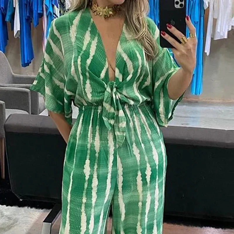 Fashon V-neck Bandhnu Wide Leg Jumpsuits For Women 2024 Summer Causal High Waist Elegant Lace Up Jumpsuit Women