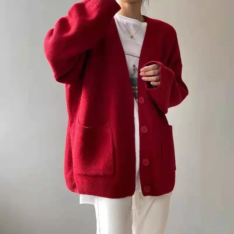 Rimcoy 2025 Chic Yellow Sweater Cardigan Women Lazy Wind Single-Breasted Knitted Cardigan Women Solid V Neck Cardigans Female