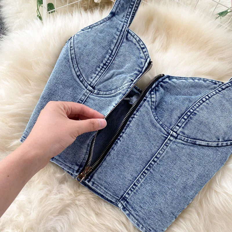 CM.YAYA Women Denim Sets Sleeveless Strap Crop Top and Long Skirts Suits 2024 Summer Jeans Streetwear Two 2 Piece Sets Outfits