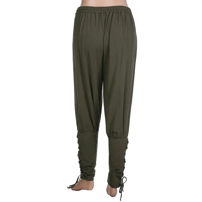 Men's Renaissance Pirate Pants – Medieval Viking Trousers with Lace-Up Cuffs
